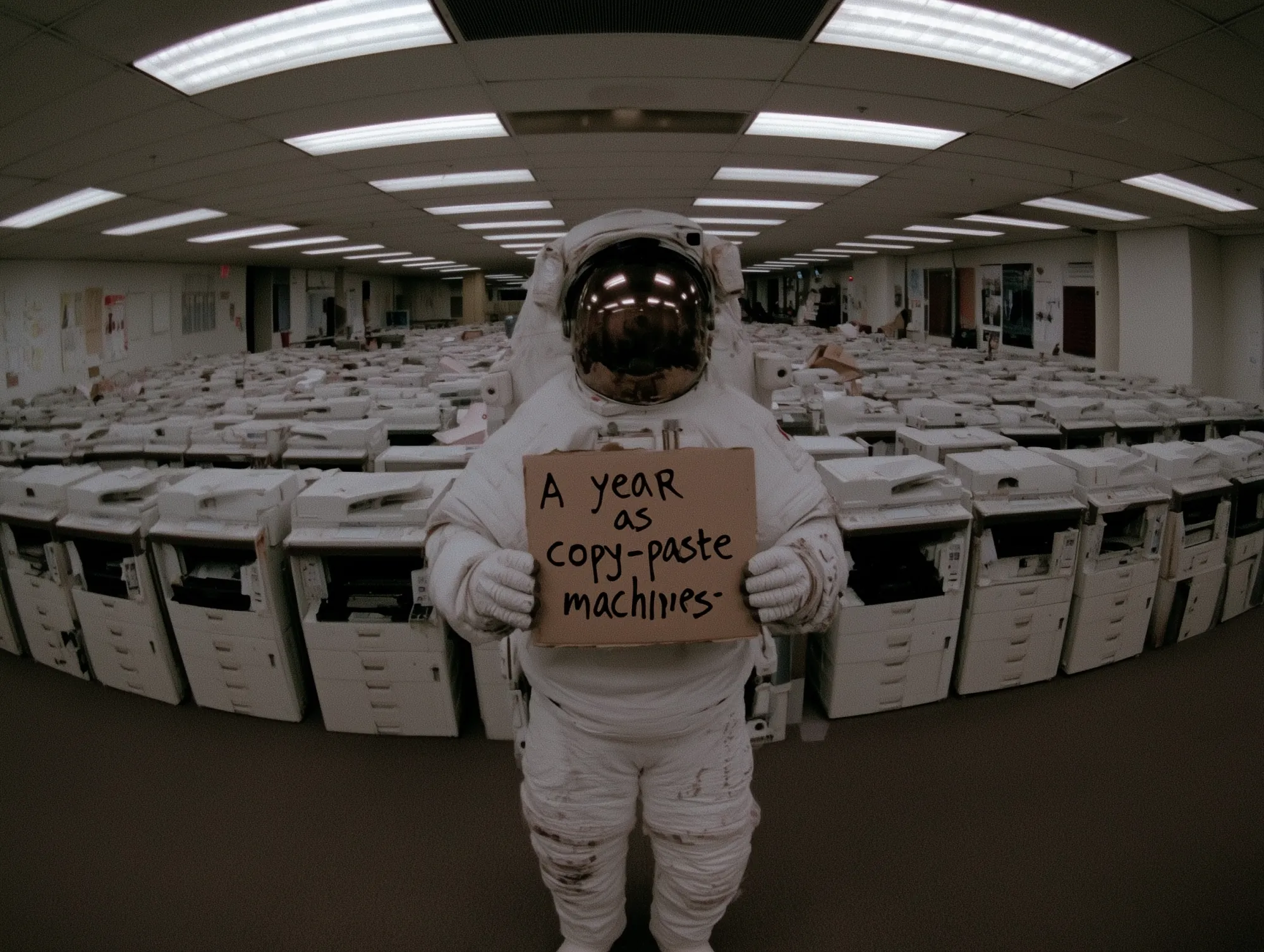 An astronaut in a long fluorescent-lit office crowded with photocopiers, holding a cardboard sign that reads 'A year as copy-paste machines'