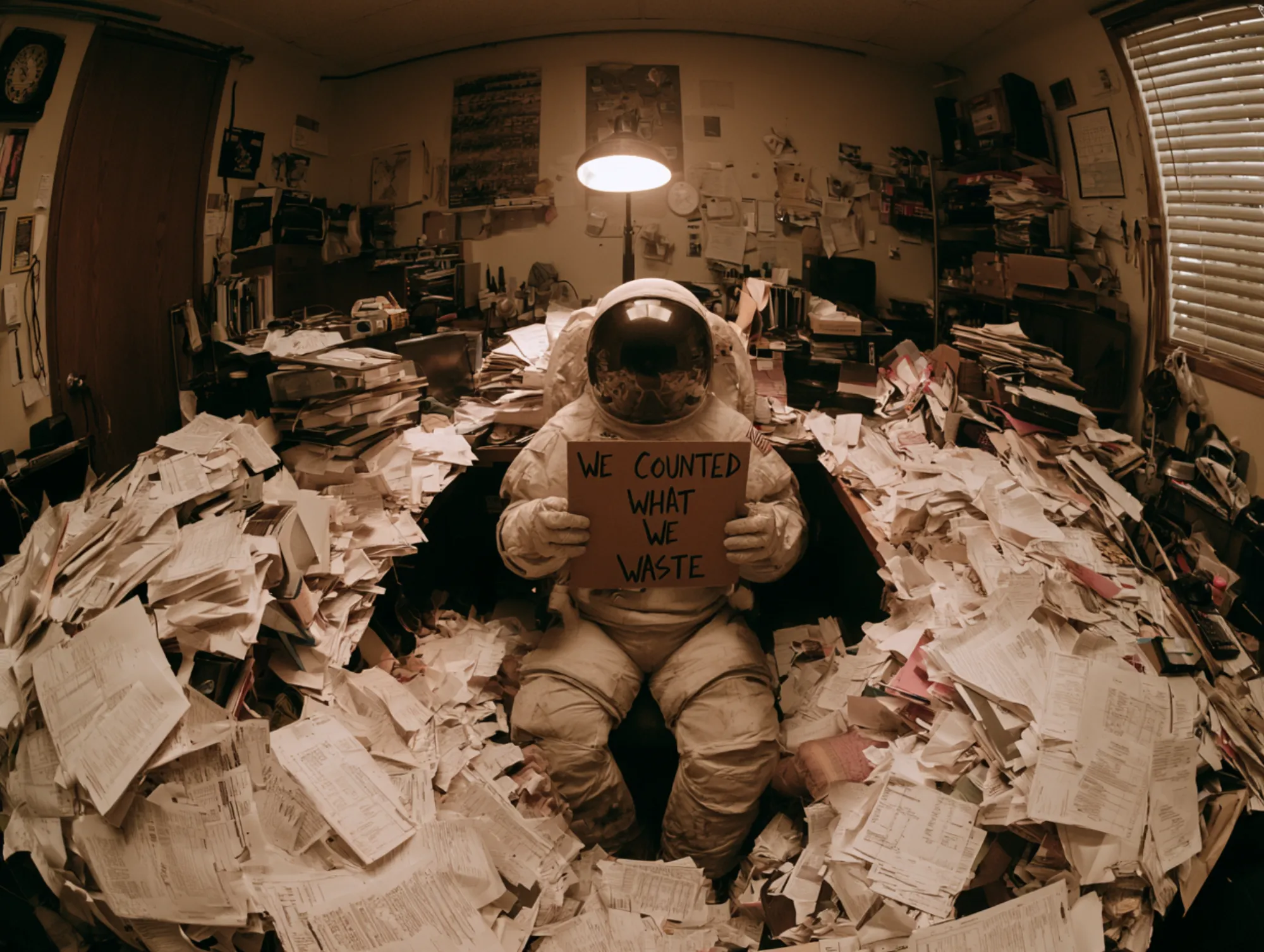 An astronaut sitting in a cluttered office buried in mountains of paper, holding a cardboard sign that reads 'We counted what we waste'